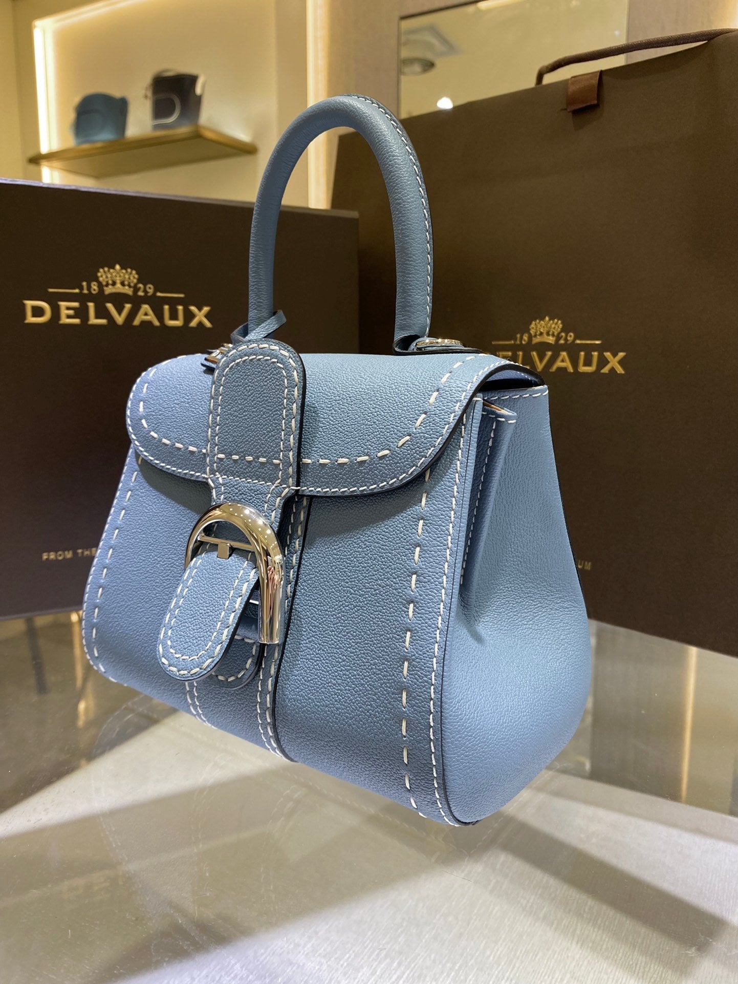 Delvaux Brillant Mini Leather Bag Cinza Blue Ferragens Prata