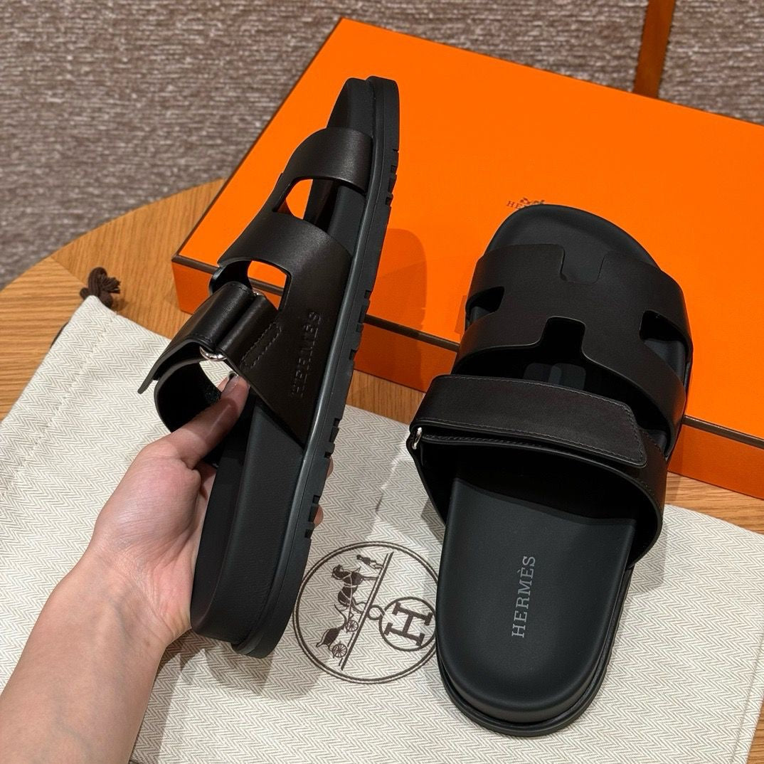 Hermes Chypre Sandal Noir Calfskin Leather.