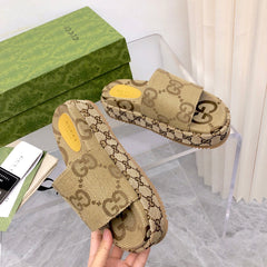 Gucci Angelina Platform 55mm Sandal Camel Canvas.