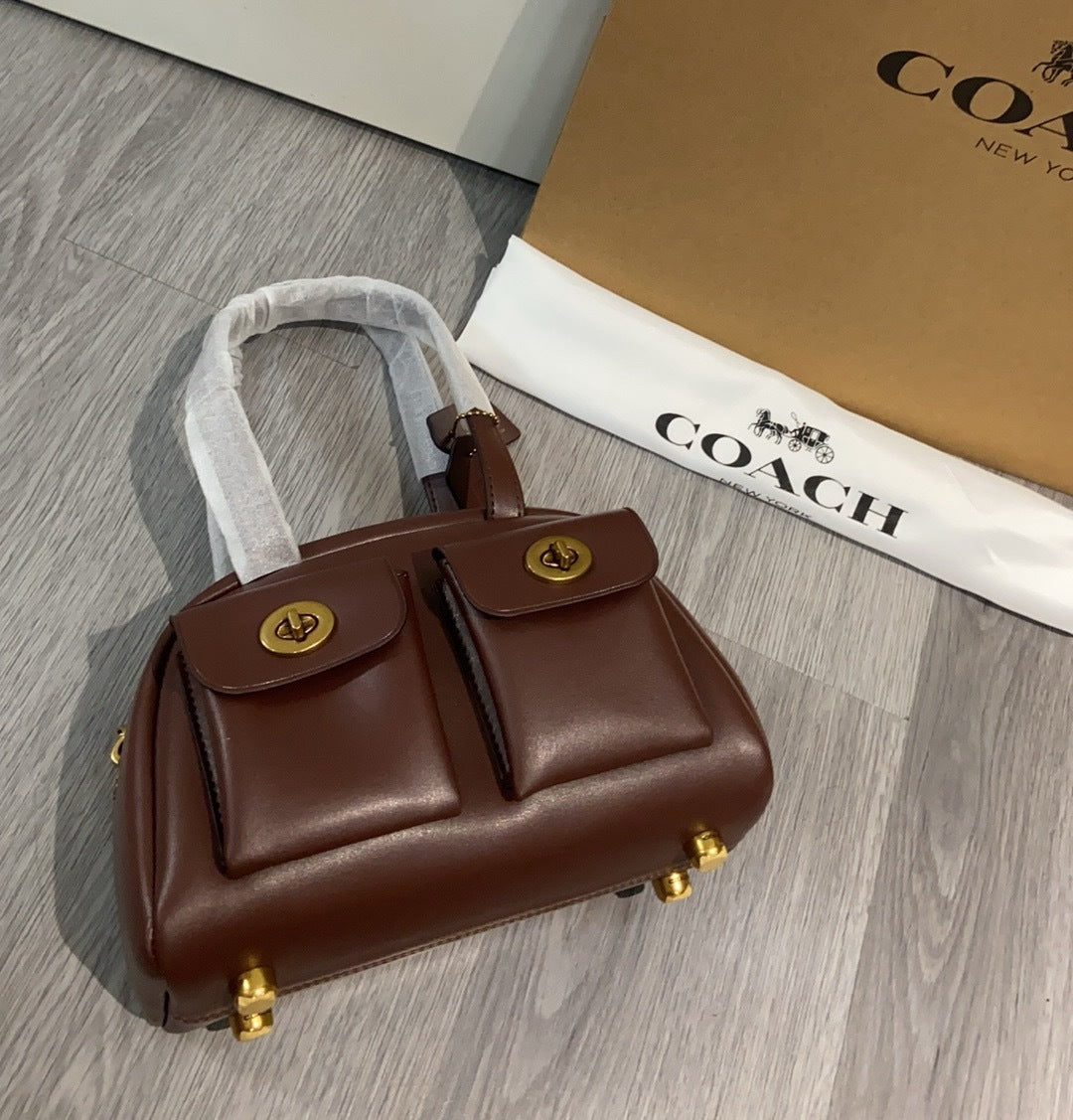 Coach Twin Turnlock Satchel Bag 20 Café Escuro Ferragens Douradas