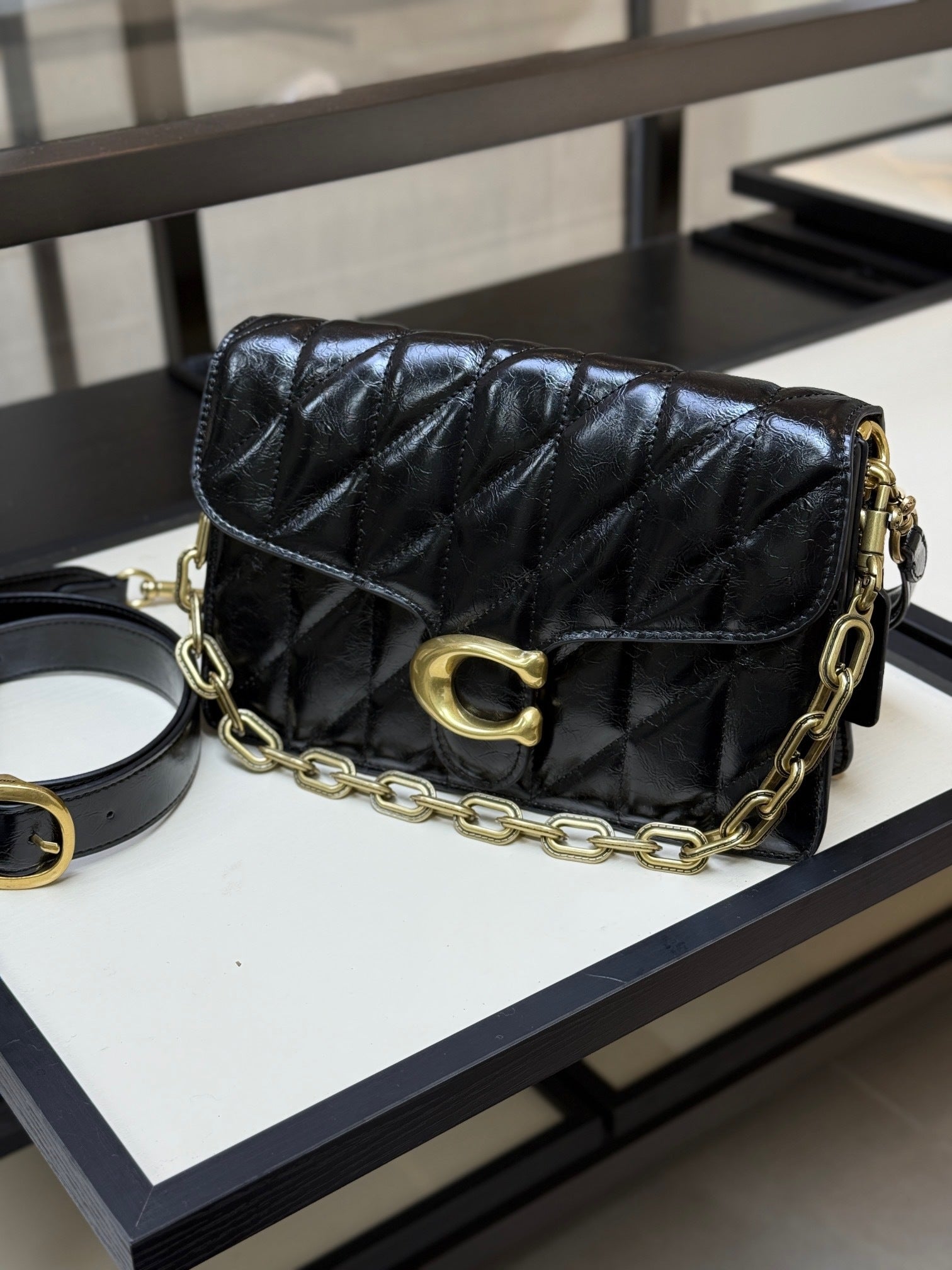 Coach Quilted Chain Tabby Preto Ferragens Douradas