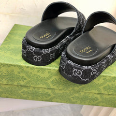Gucci Angelina Platform 55 mm Sandal Black Jacquard Denim.