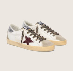 Golden Goose Super-Star com Estrela de Glitter Bordô e Talão Prateado .