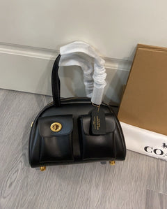 Coach Twin Turnlock Satchel Bag 20 Black Ferragens Douradas