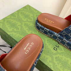 Gucci Angelina Platform 55 mm Sandal Jacquard Denim.