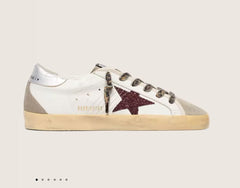 Golden Goose Super-Star com Estrela de Glitter Bordô e Talão Prateado .