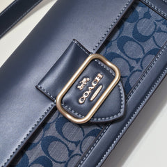 Coach Morgan Signature Shoulder Bag Azul Navy Ferragens Douradas