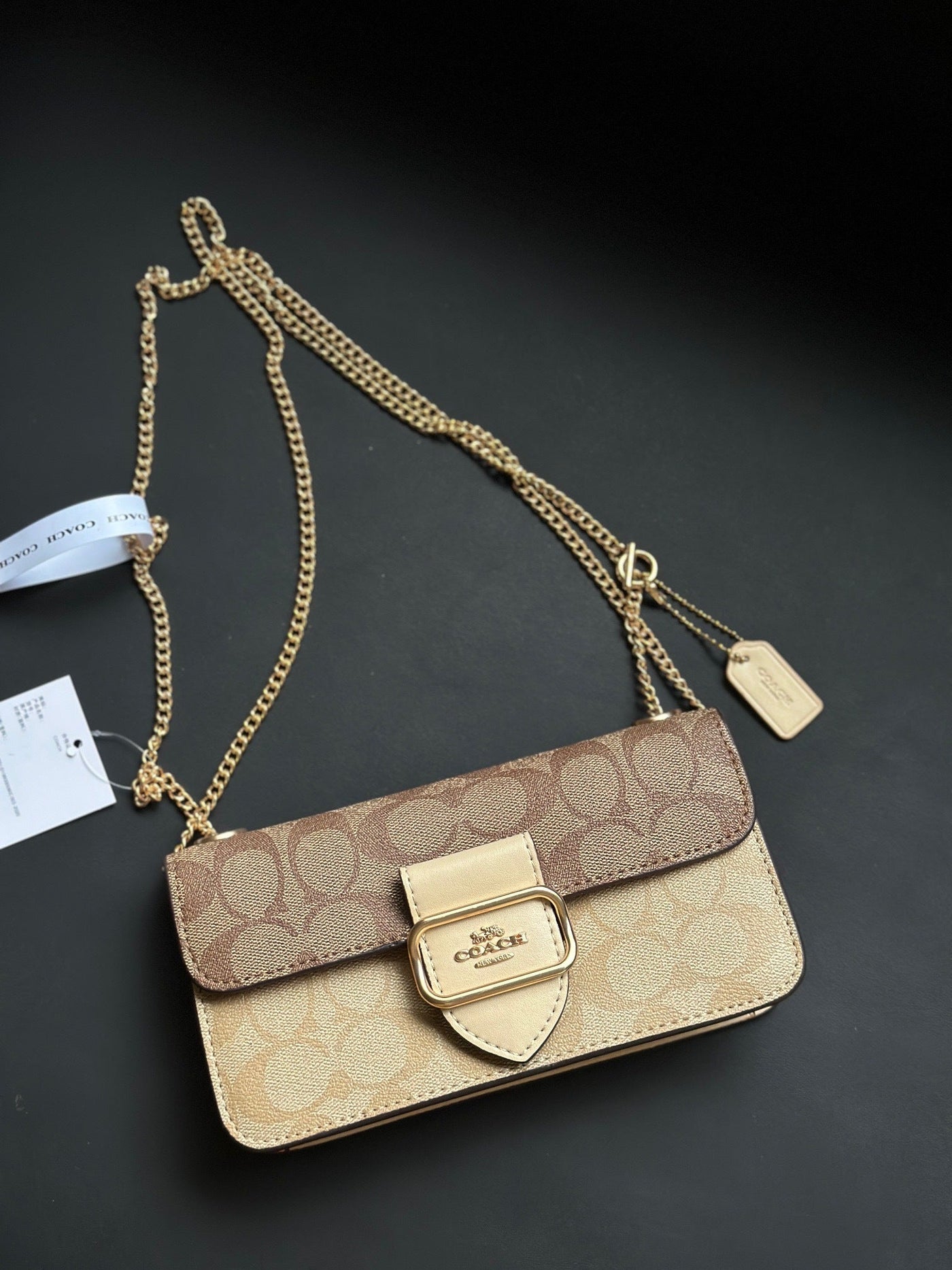 Coach Morgan Monogram Chain Crossbody Khaki Bege Ferragens Douradas