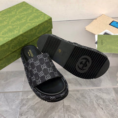 Gucci Angelina Platform 55 mm Sandal Black Jacquard Denim.