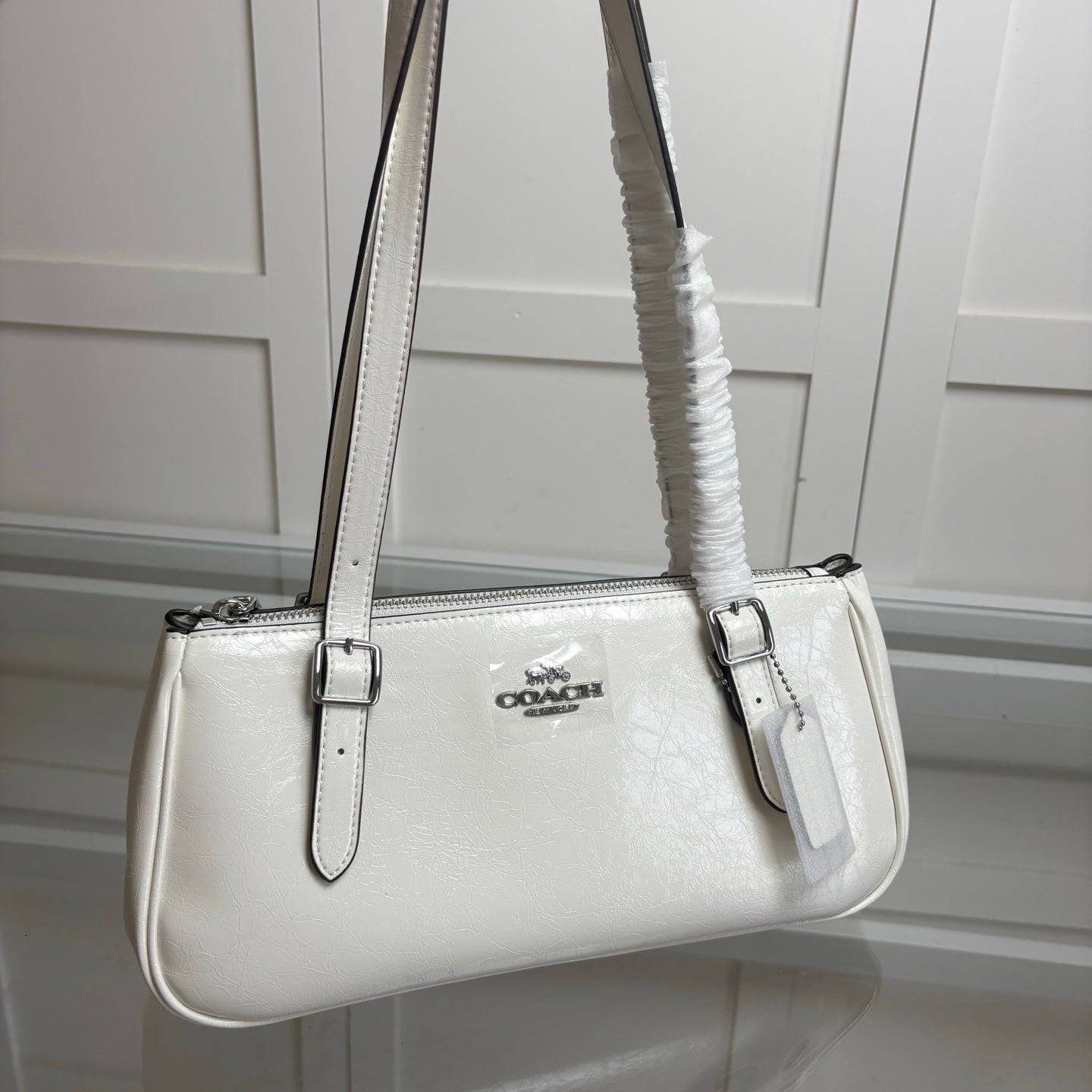 Coach Asher Shoulder Bag Shiny Crinkle Leather White
