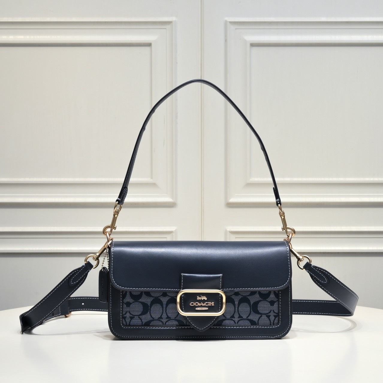 Coach Morgan Signature Shoulder Bag Azul Navy Ferragens Douradas