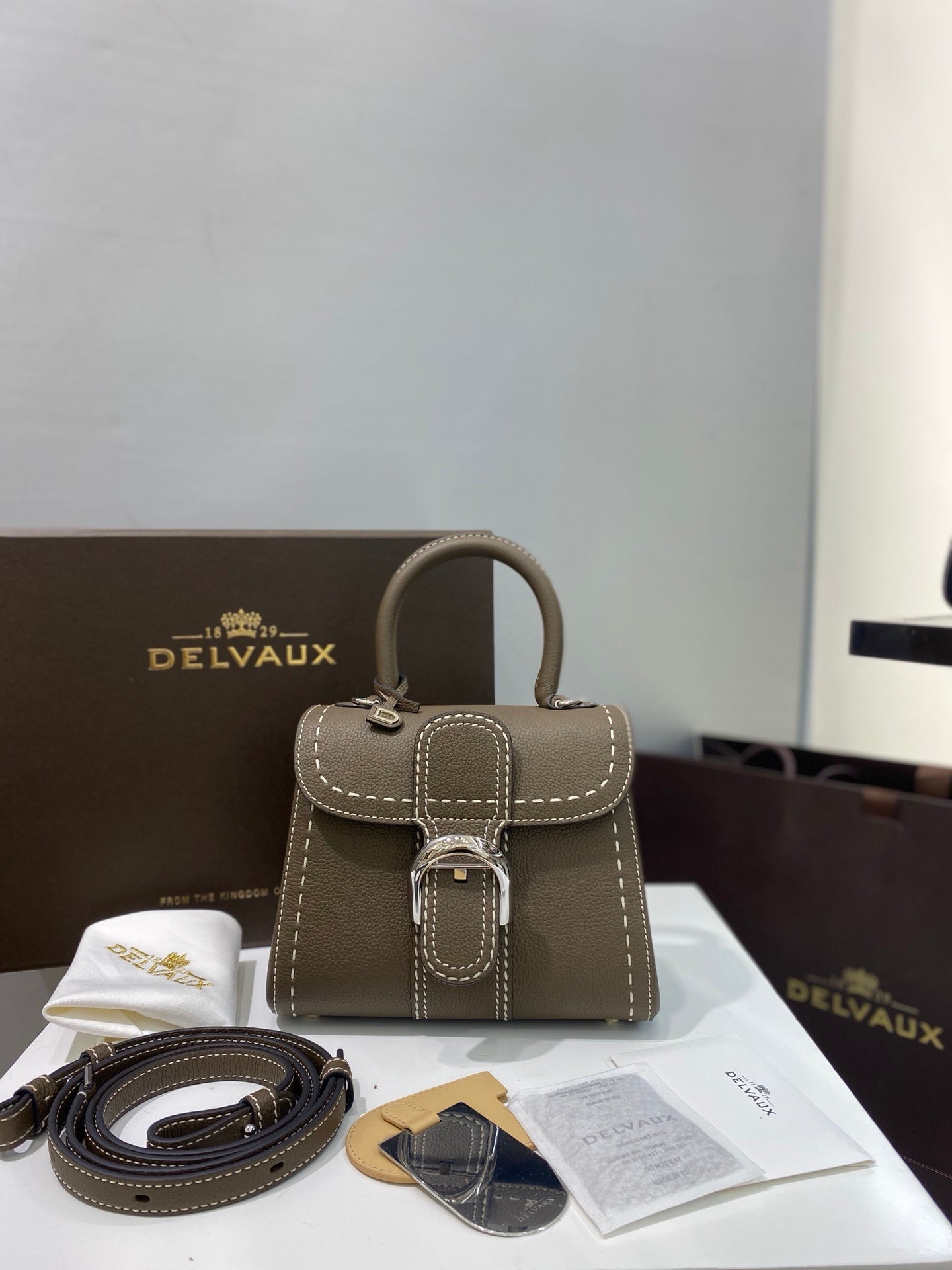 Delvaux Brillant Mini Leather Bag Taupe Ferragens Prata