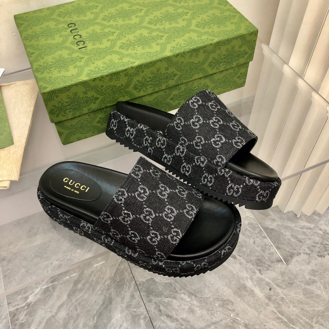 Gucci Angelina Platform 55 mm Sandal Black Jacquard Denim.