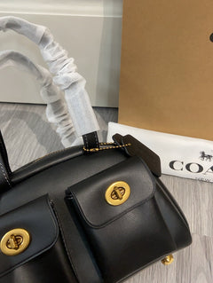 Coach Twin Turnlock Satchel Bag 20 Black Ferragens Douradas