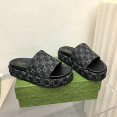 Gucci Angelina Platform 55 mm Sandal Black Jacquard Denim.