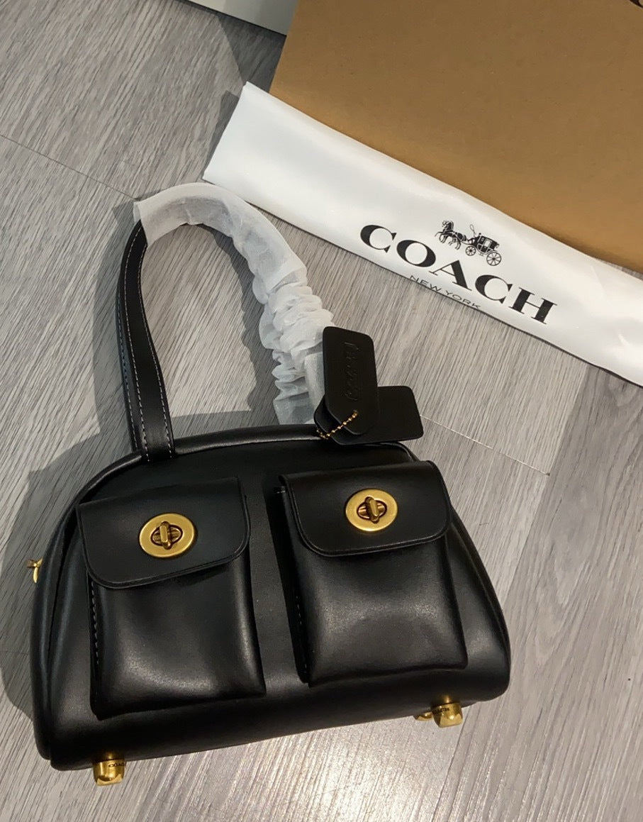 Coach Twin Turnlock Satchel Bag 20 Black Ferragens Douradas