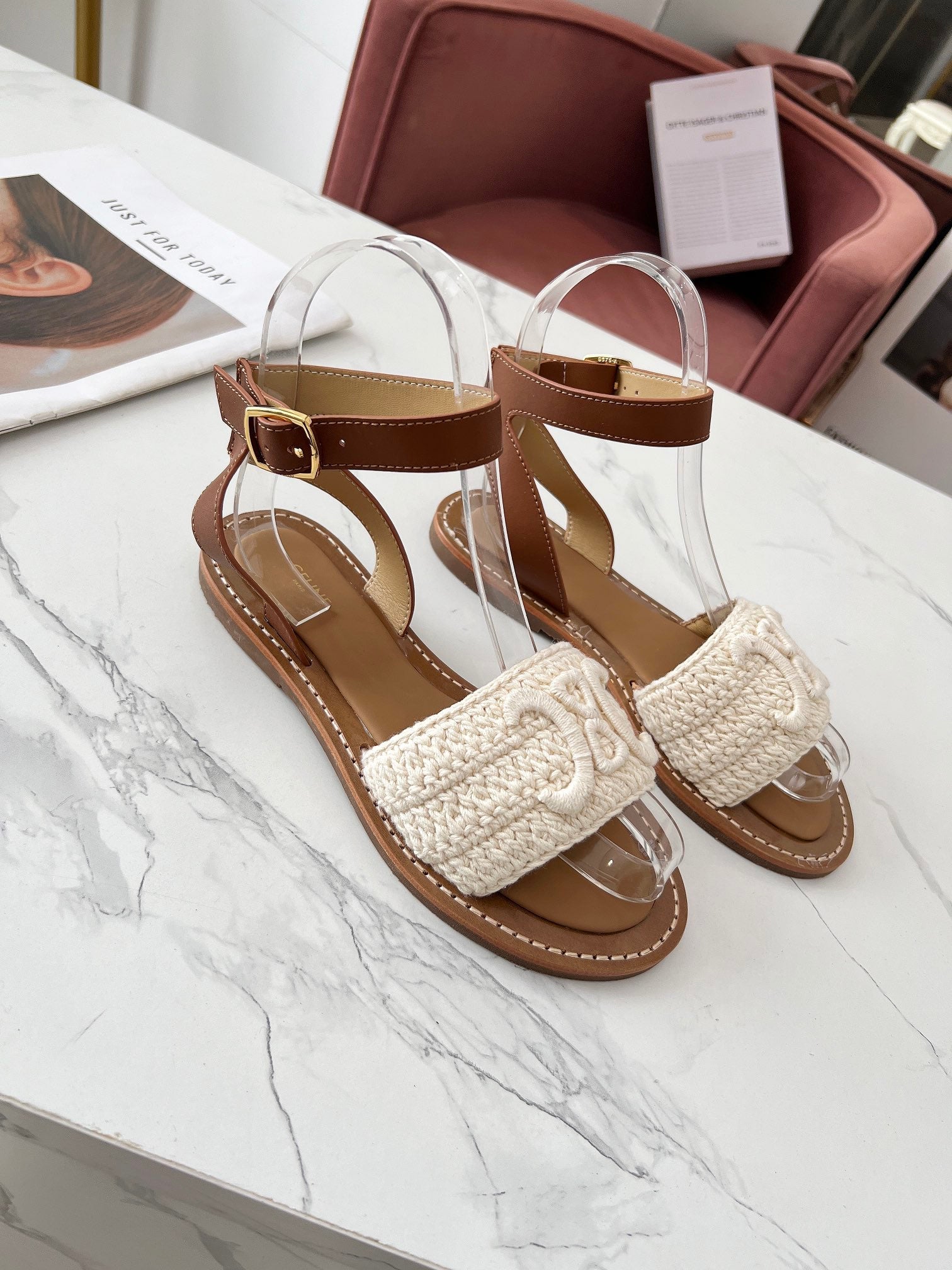 CELINE LYMPIA SANDAL in TRIOMPHE MACCRAMÉ COTTON & CALFSKIN (Pronta entrega)
