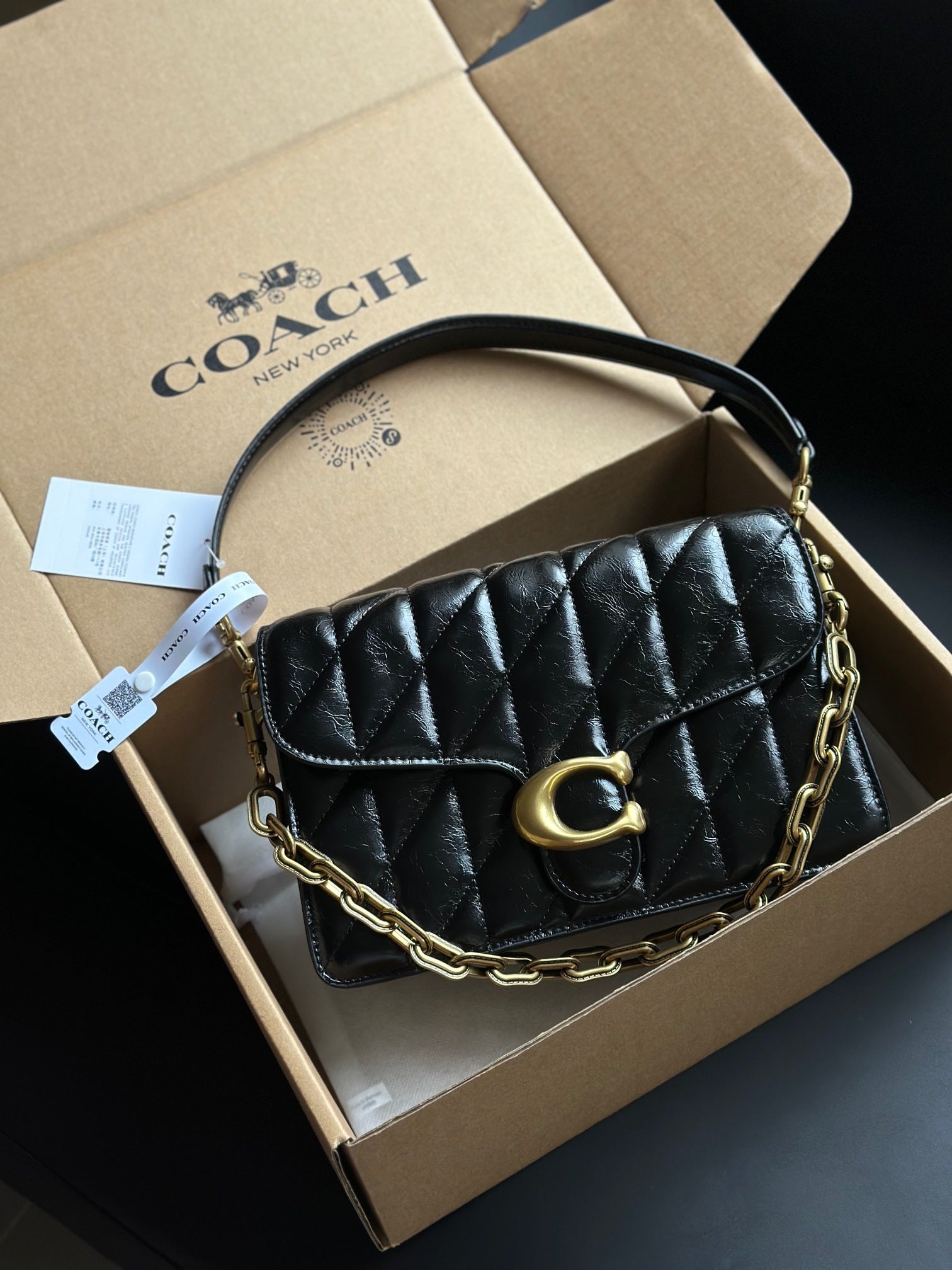 Coach Quilted Chain Tabby Preto Ferragens Douradas