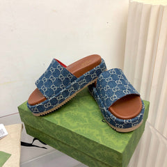 Gucci Angelina Platform 55 mm Sandal Jacquard Denim.