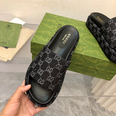 Gucci Angelina Platform 55 mm Sandal Black Jacquard Denim.