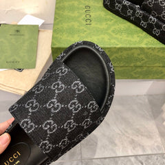 Gucci Angelina Platform 55 mm Sandal Black Jacquard Denim.