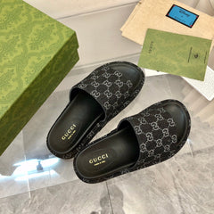 Gucci Angelina Platform 55 mm Sandal Black Jacquard Denim.