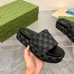 Gucci Angelina Platform 55 mm Sandal Black Jacquard Denim.