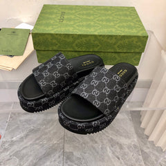 Gucci Angelina Platform 55 mm Sandal Black Jacquard Denim.