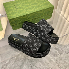 Gucci Angelina Platform 55 mm Sandal Black Jacquard Denim.