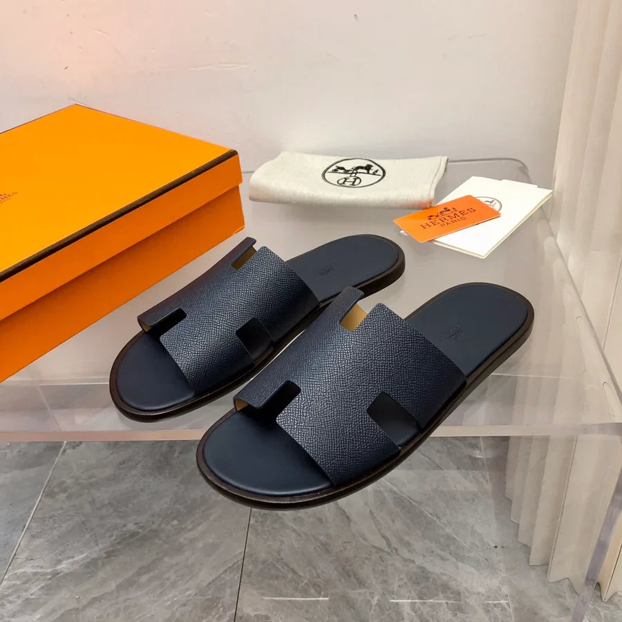 Hermes Izmir Sandal Noir Smooth Calfskin Leather Marine