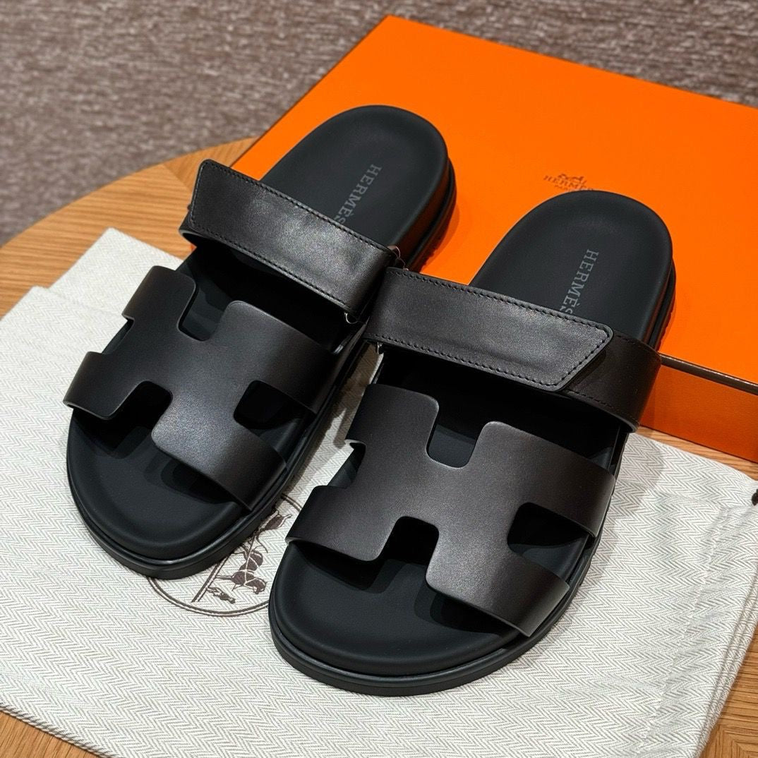 Hermes Chypre Sandal Noir Calfskin Leather.