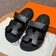 Hermes Chypre Sandal Noir Calfskin Leather.