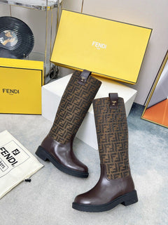 Fendi FF Monogram Leather Knee Boots Brown .