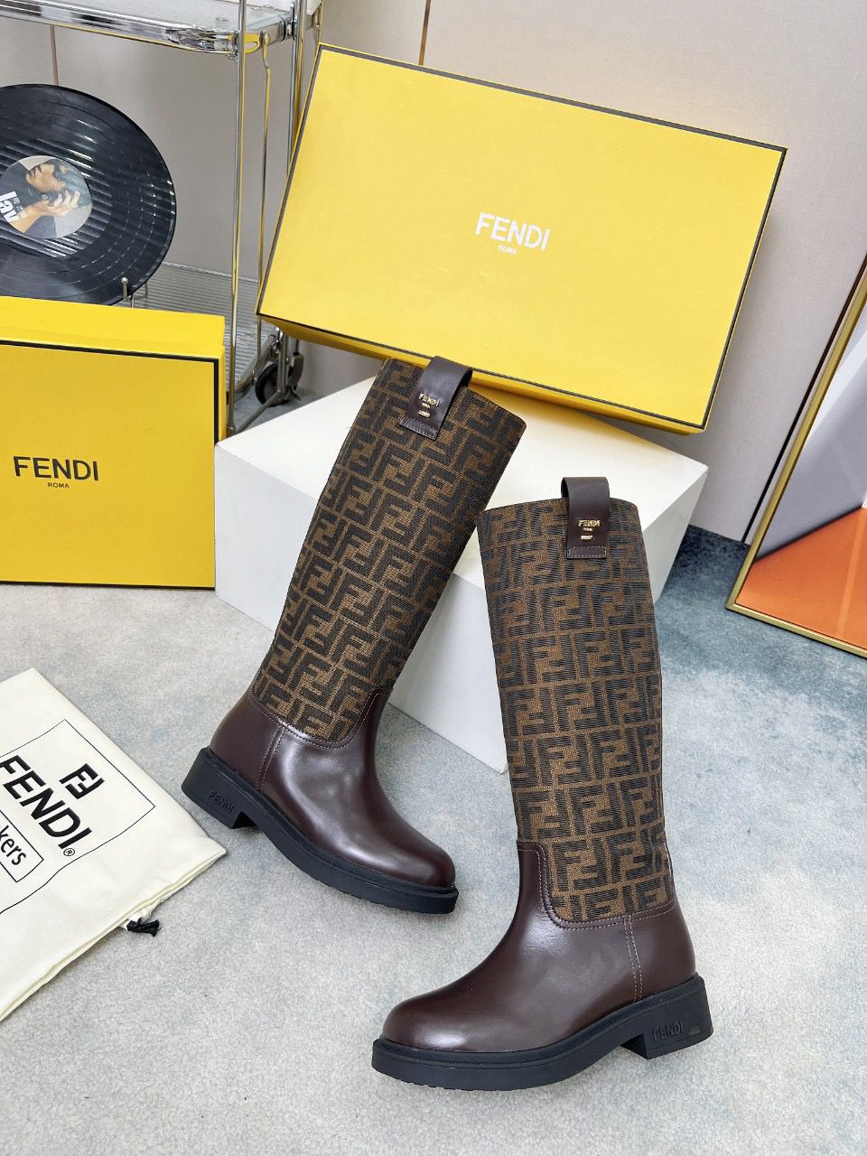 Fendi FF Monogram Leather Knee Boots Brown .