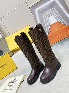 Fendi FF Monogram Leather Knee Boots Brown .