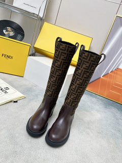 Fendi FF Monogram Leather Knee Boots Brown .