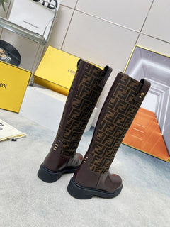 Fendi FF Monogram Leather Knee Boots Brown .