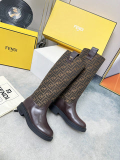 Fendi FF Monogram Leather Knee Boots Brown .