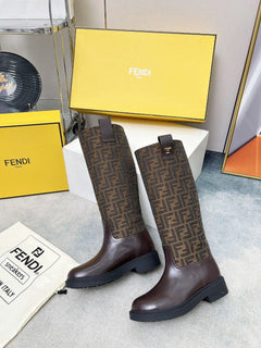 Fendi FF Monogram Leather Knee Boots Brown .
