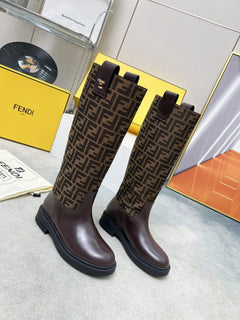 Fendi FF Monogram Leather Knee Boots Brown .