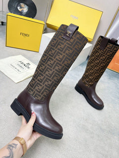 Fendi FF Monogram Leather Knee Boots Brown .