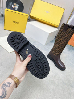 Fendi FF Monogram Leather Knee Boots Brown .