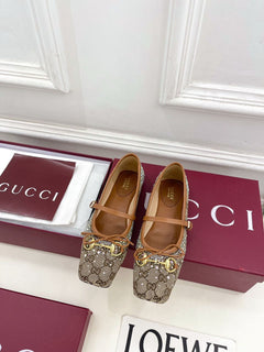 Sapatilha Gucci Horsebit Ballet Flat GG com Cristais BegeEbony .