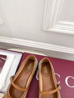 Sapatilha Gucci Horsebit Ballet Flat GG com Cristais BegeEbony .