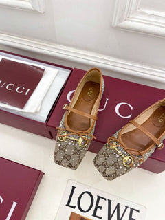 Sapatilha Gucci Horsebit Ballet Flat GG com Cristais BegeEbony .