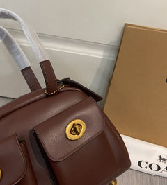 Coach Twin Turnlock Satchel Bag 20 Café Escuro Ferragens Douradas