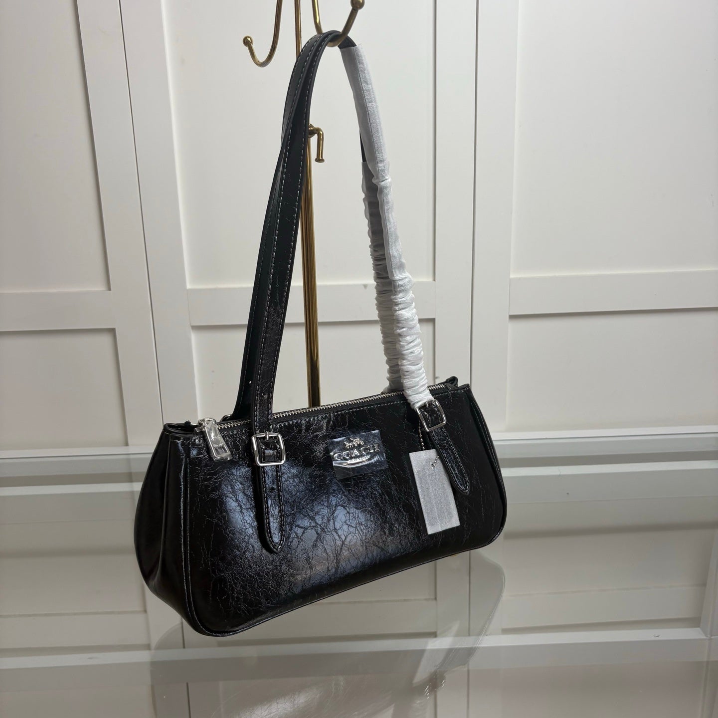 Coach Asher Shoulder Bag Shiny Crinkle Leather Black