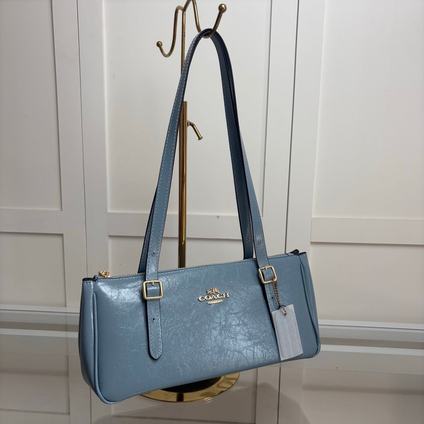 Coach Asher Shoulder Bag Shiny Crinkle Leather Blue