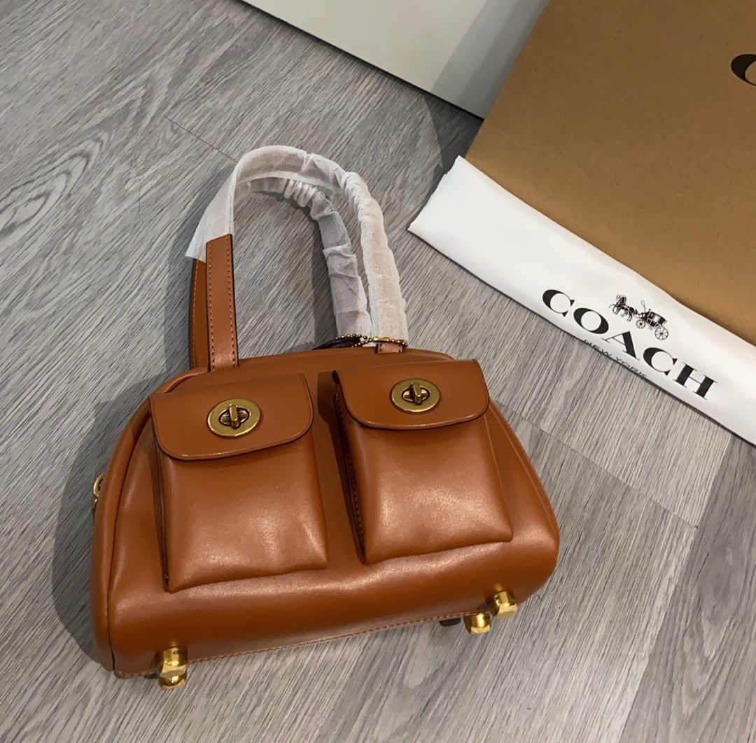 Coach Twin Turnlock Satchel Bag 20 Caramelo Ferragens Douradas