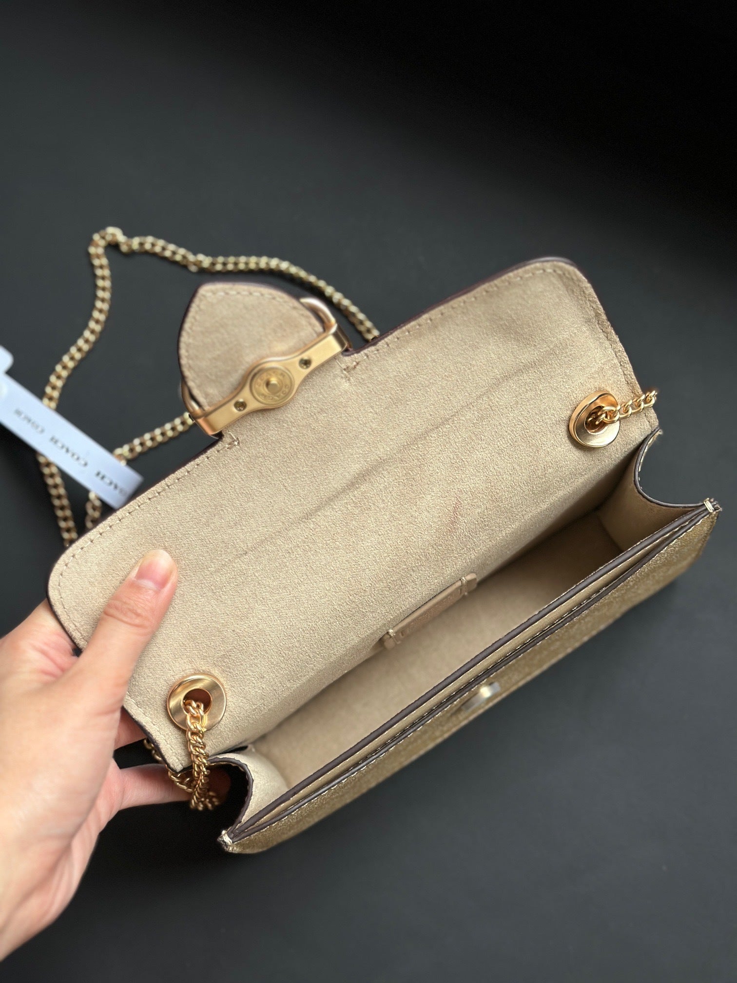 Coach Morgan Monogram Chain Crossbody Khaki Bege Ferragens Douradas